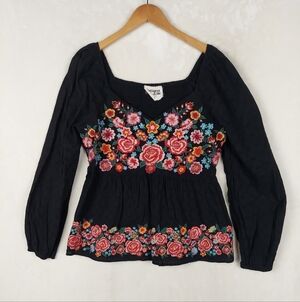 Savanna Jane Embroidered Peasant Top Smocked Floral Boho Womens Large